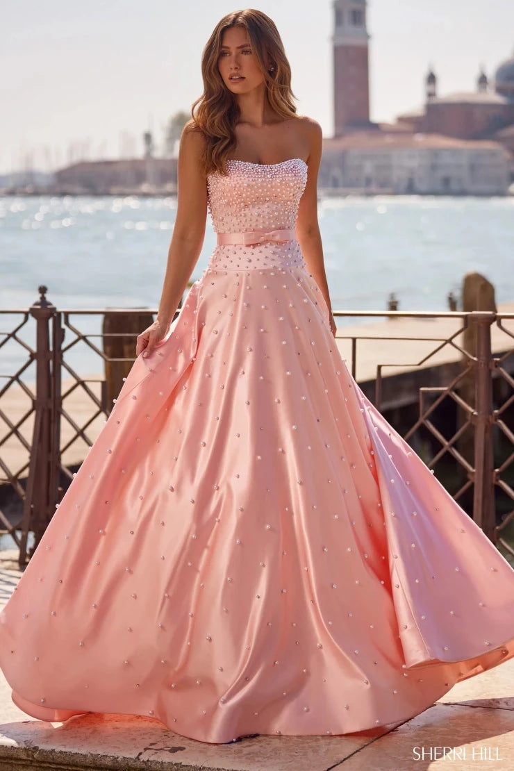 Charming A-Line Strapless Sleeveless Pearl Belted Pink Long Prom Dresses Women