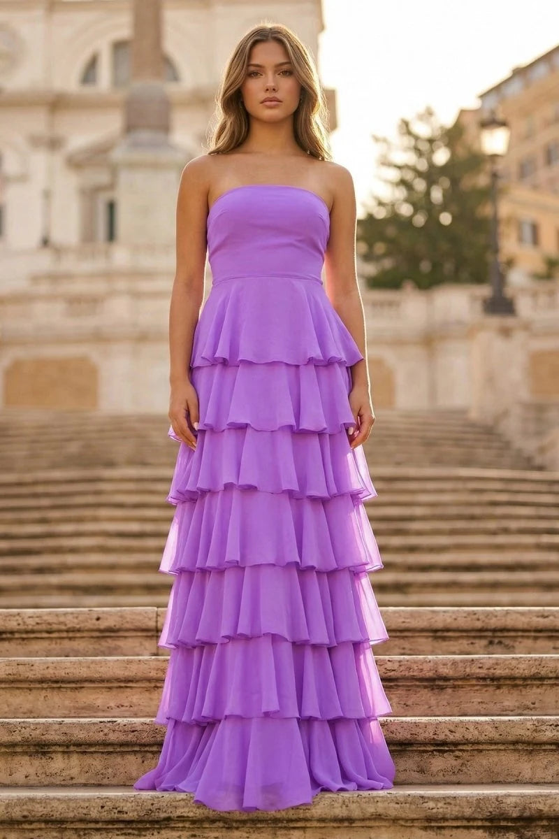Charming A-Line Strapless Sleeveless Tiered-Ruffle Purple Maxi Prom Dresses Women Gown