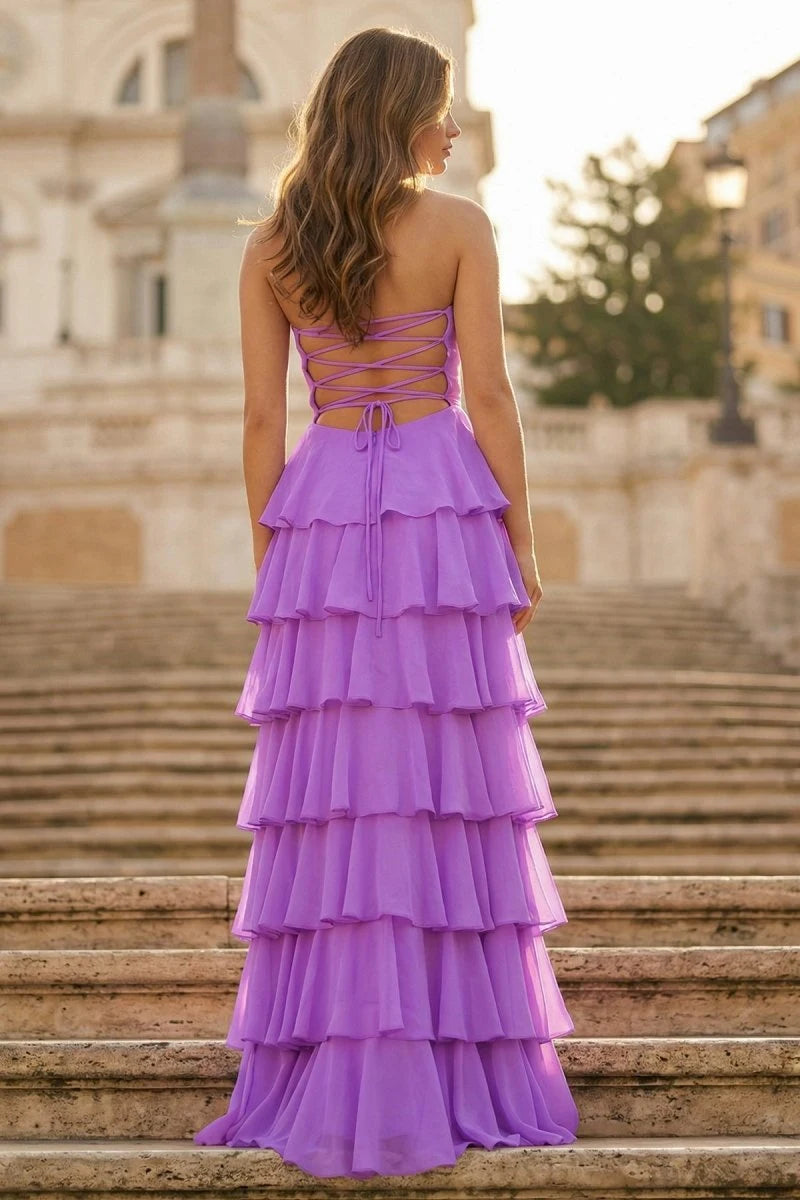 Charming A-Line Strapless Sleeveless Tiered-Ruffle Purple Maxi Prom Dresses Women Gown