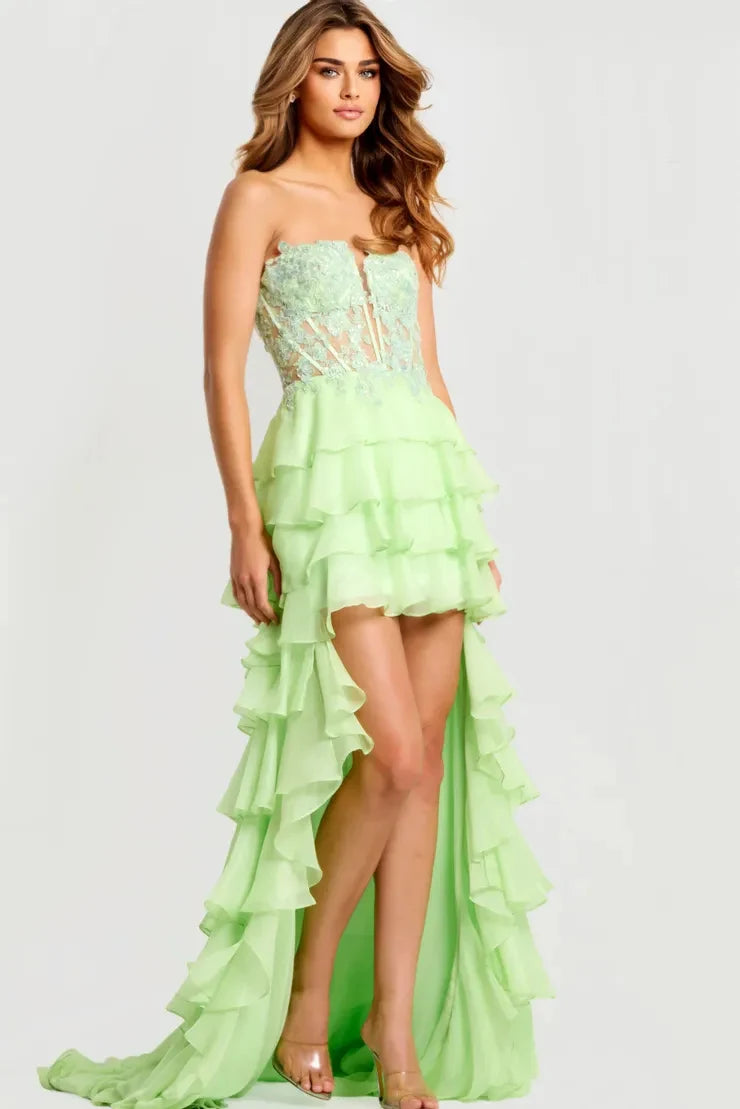 Charming A-Line Strapless Sleeveless Tiered Ruffled Light Green High-Low Prom Dresses For Women Gown
