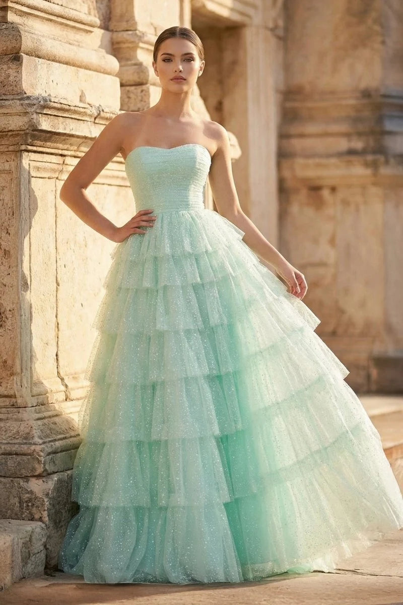 Charming A-Line Strapless Sleeveless Tiered Sparkly Mint Long Prom Dresses Women