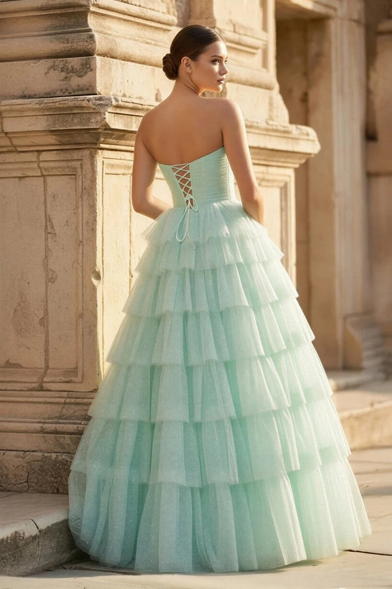 Charming A-Line Strapless Sleeveless Tiered Sparkly Mint Long Prom Dresses Women