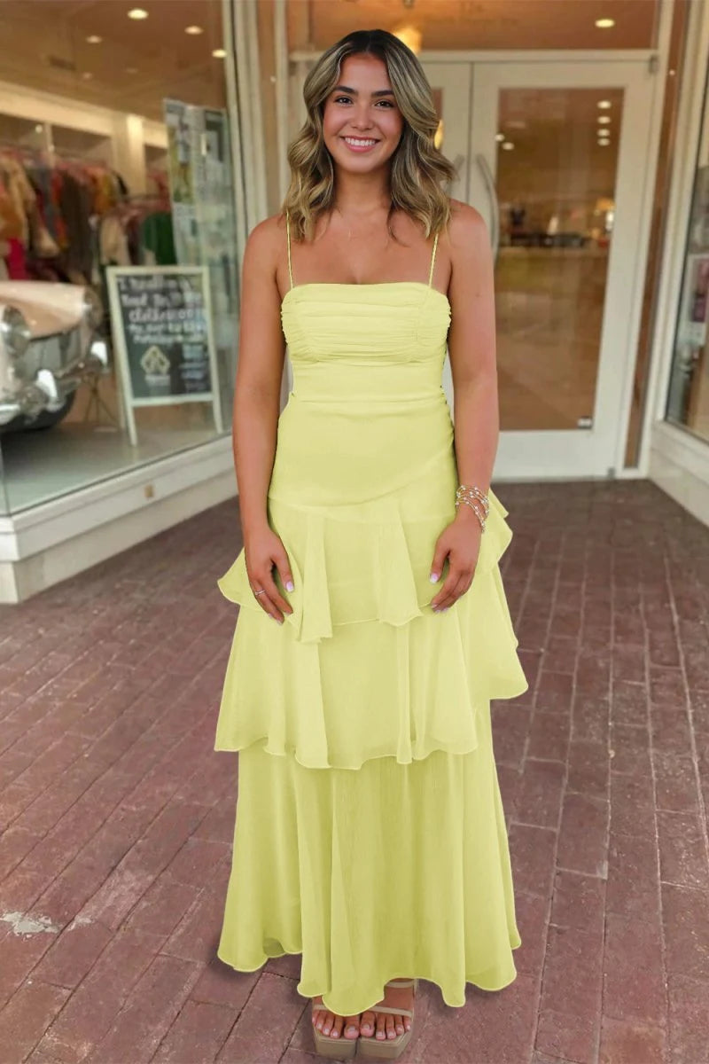 Charming A-Line Strappy Sleeveless Tiered Ruffled Yellow Long Prom Dresses Women