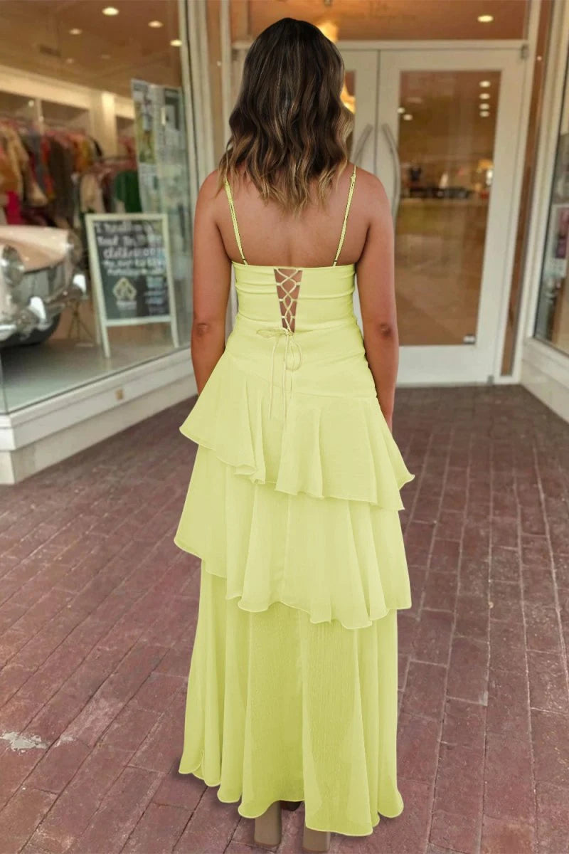 Charming A-Line Strappy Sleeveless Tiered Ruffled Yellow Long Prom Dresses Women