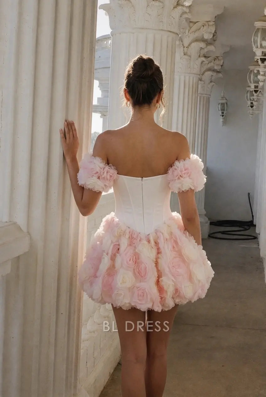 Charming A-Line Sweetheart Off-Shoulder Floral Ruffled Blush Short Homecoming Dress