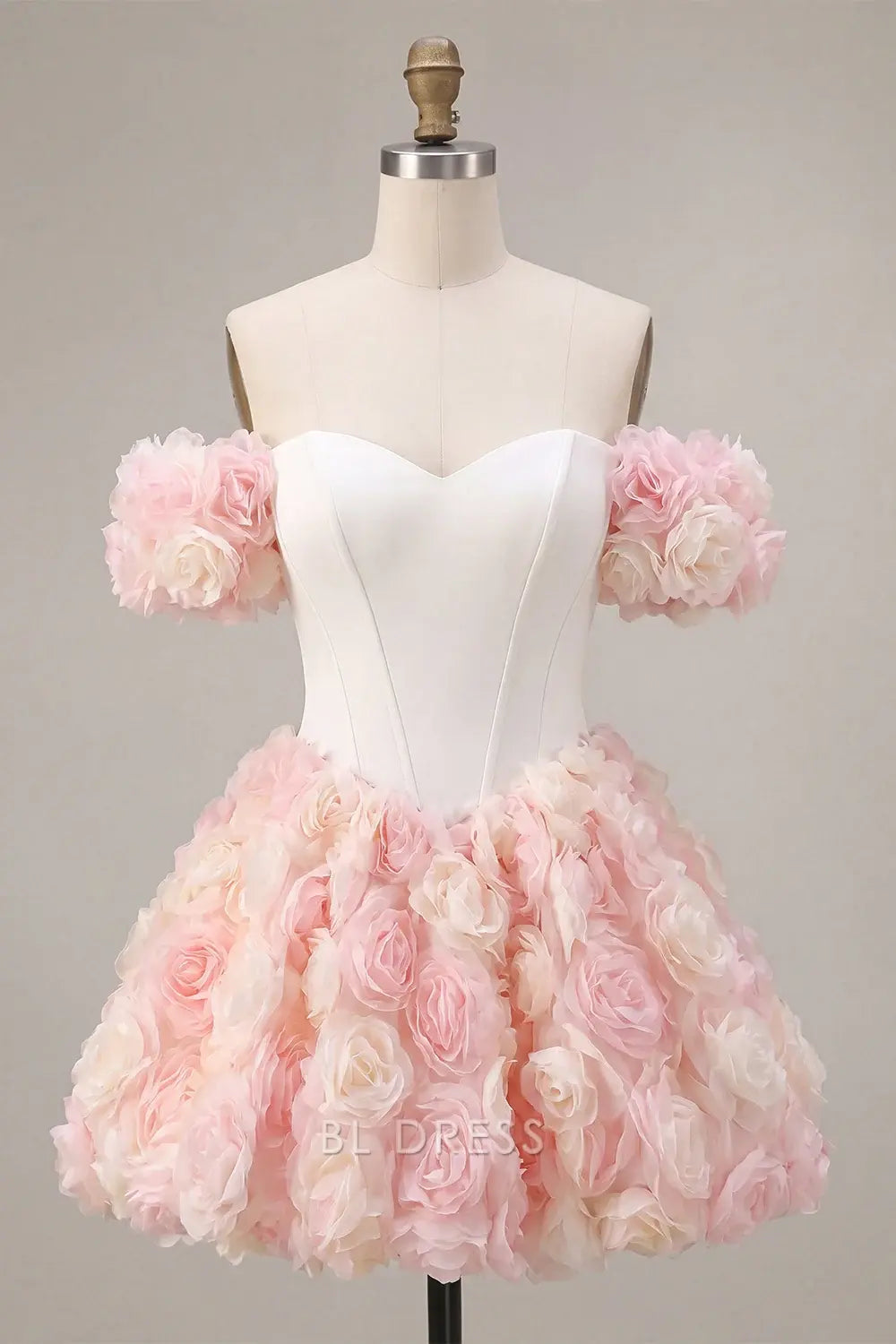 Charming A-Line Sweetheart Off-Shoulder Floral Ruffled Blush Short Homecoming Dress