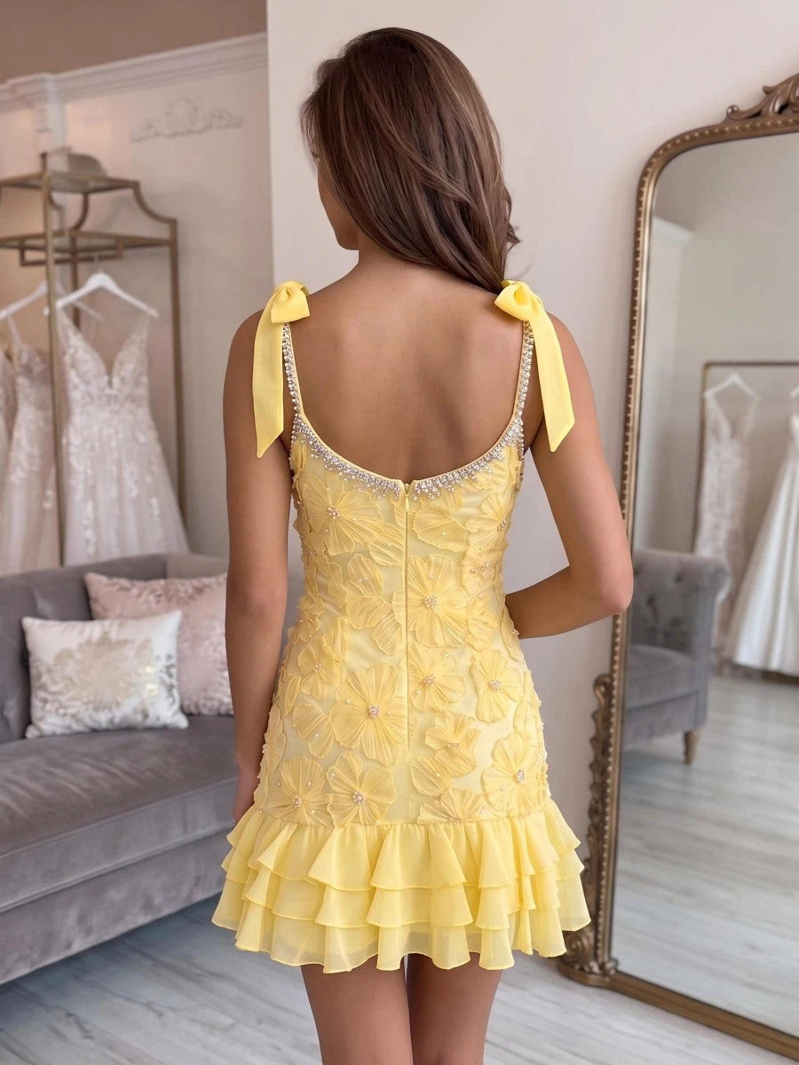 Charming A-Line Sweetheart Sleeveless Beaded Floral Yellow Short Homecoming Dress