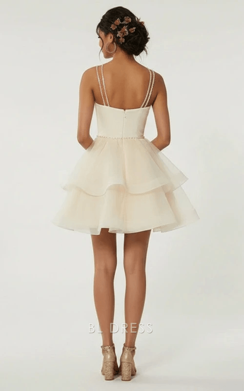 Charming A-Line Sweetheart Sleeveless Beaded Ruffled Champagne Short Homecoming Dress