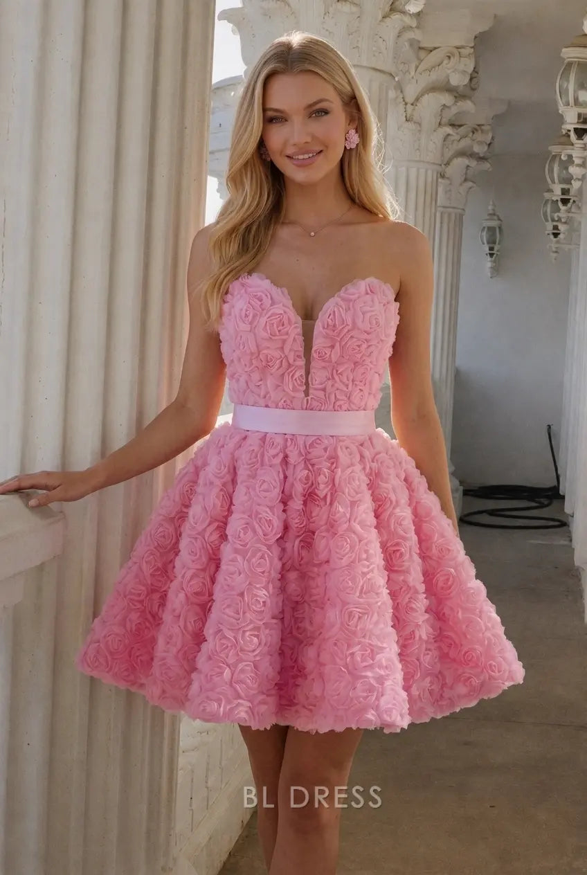 Charming A-Line Sweetheart Sleeveless Rose Textured Pink Short Homecoming Dress Women's Gown