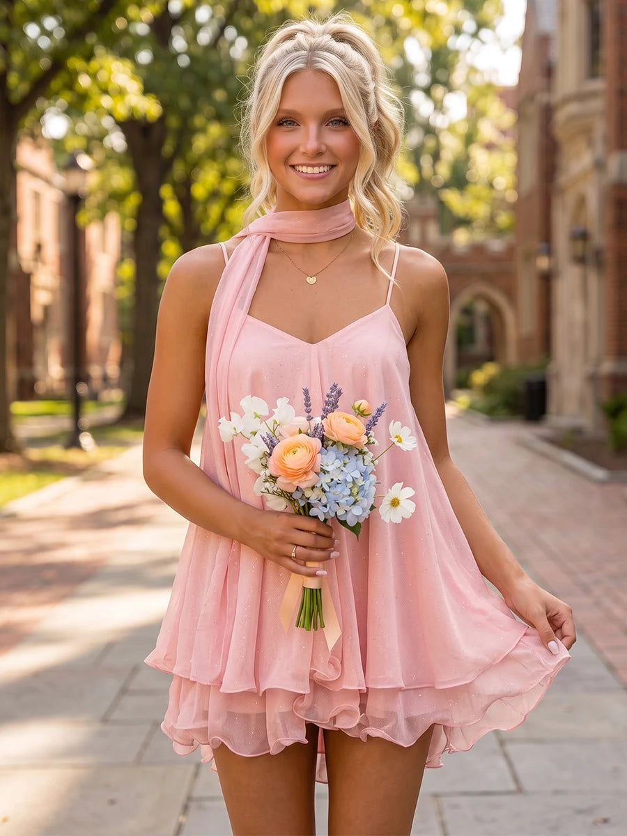 Charming A-Line Sweetheart Sleeveless Ruffled Glittery Pink Short Homecoming Dress Women's