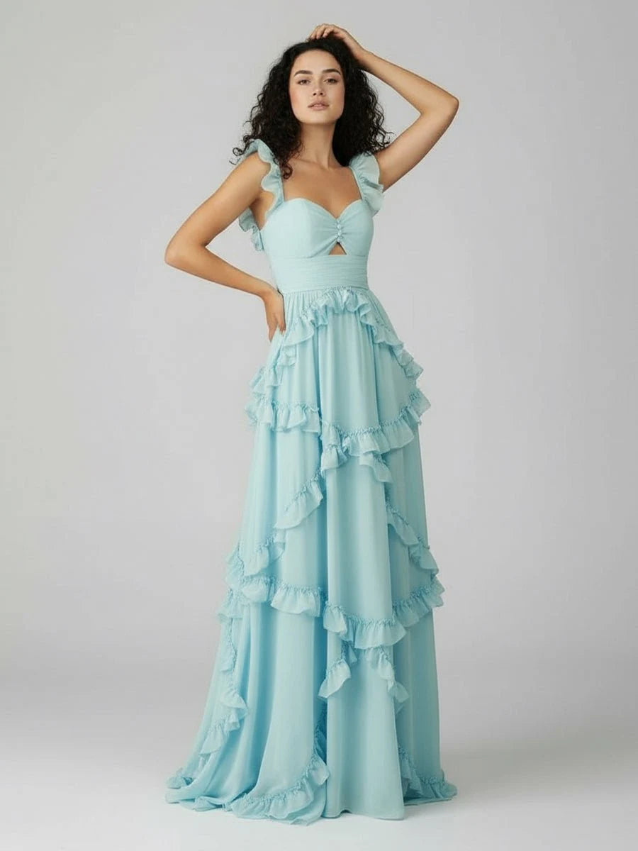 Charming A-Line Sweetheart Sleeveless Ruffled Tiered Blue Long Prom Dresses Gown