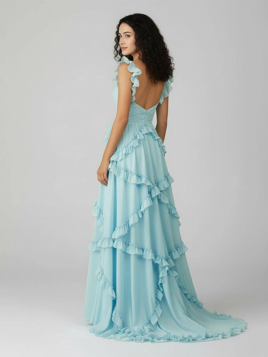 Charming A-Line Sweetheart Sleeveless Ruffled Tiered Blue Long Prom Dresses Gown