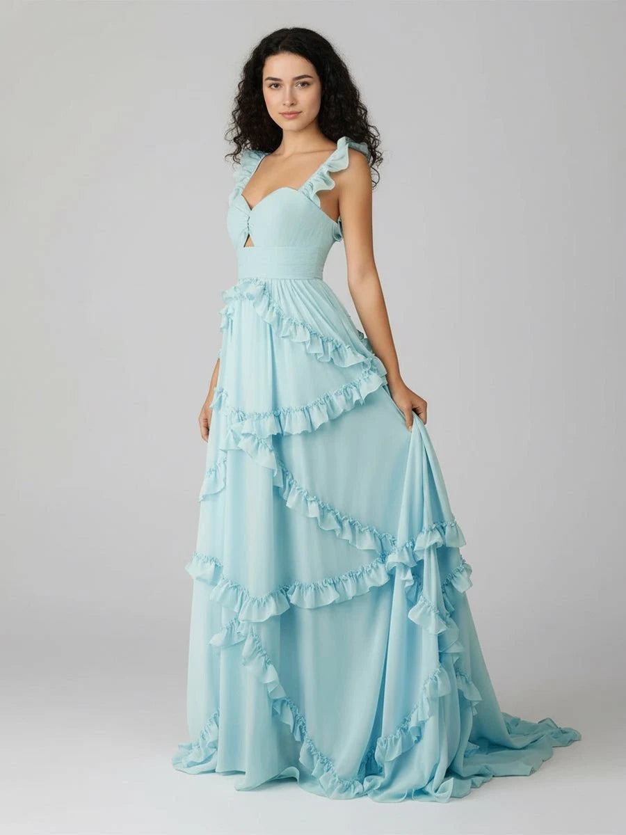 Charming A-Line Sweetheart Sleeveless Ruffled Tiered Blue Long Prom Dresses Gown