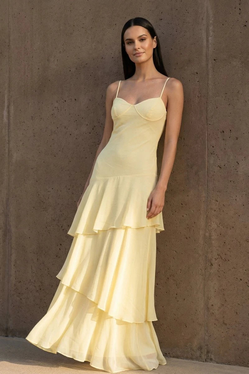 Charming A-Line Sweetheart Sleeveless Tiered Backless Yellow Maxi Prom Dresses Women