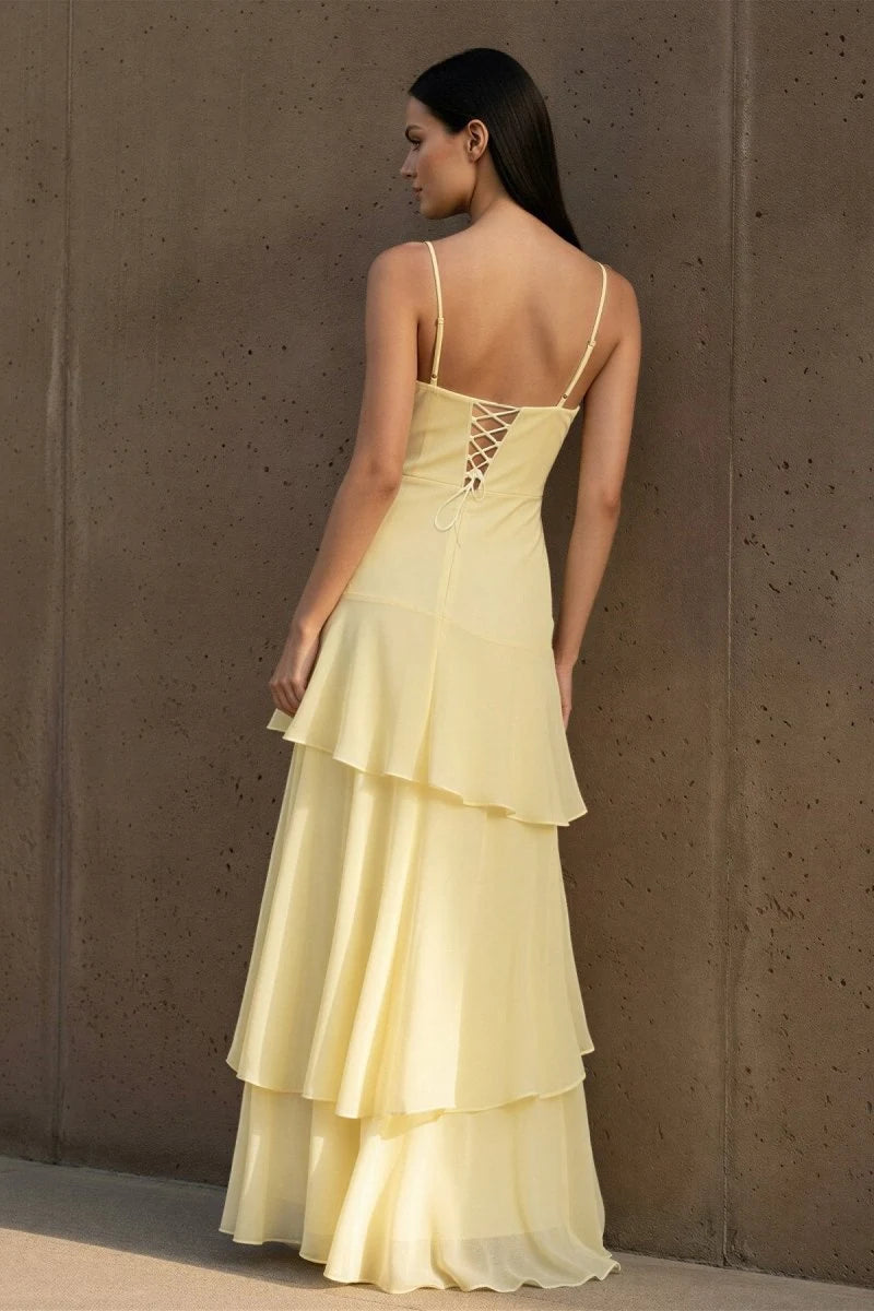 Charming A-Line Sweetheart Sleeveless Tiered Backless Yellow Maxi Prom Dresses Women