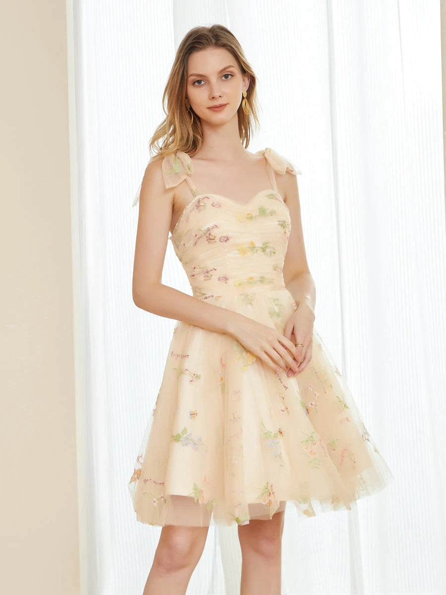 Charming A-Line Sweetheart Tie-Shoulder Floral Champagne Short Homecoming Dress