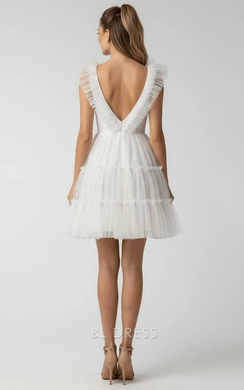 Charming A-Line V-Neck Ruffled Tiered White Short Homecoming Dress