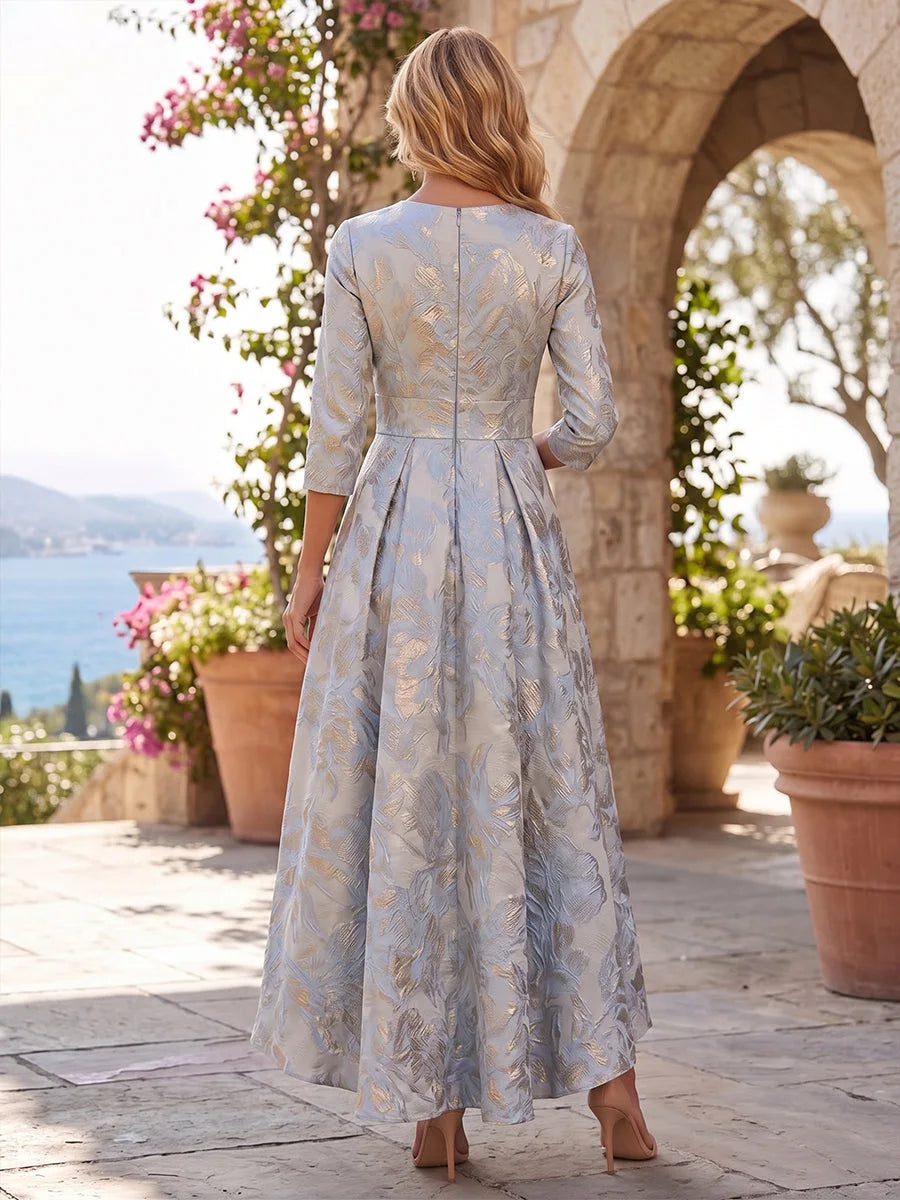 Charming A-Line V-Neck Sleeved Pleated Blue Mother Of The Bride Dress