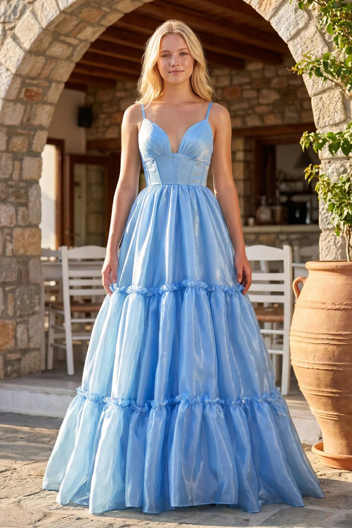 Charming A-Line V-Neck Sleeveless Corset Tiered Blue Long Prom Dresses Women