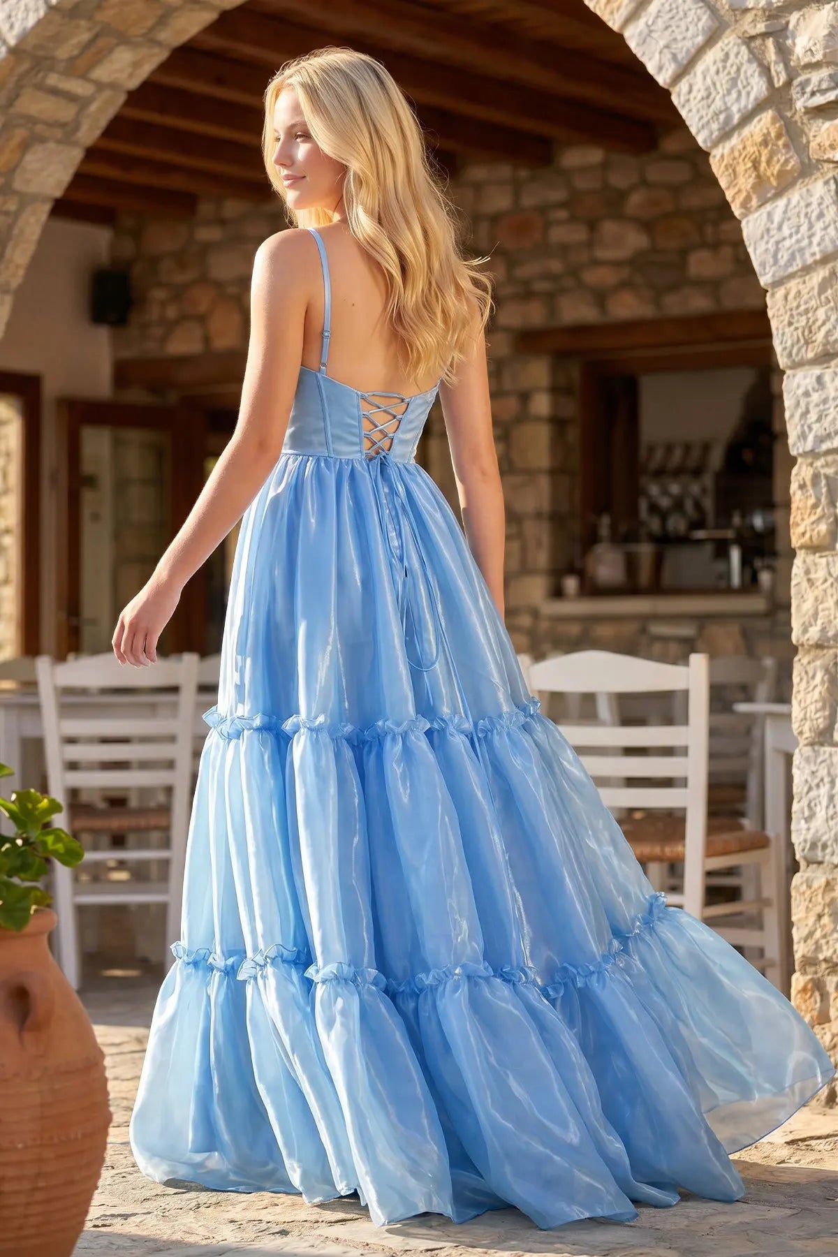 Charming A-Line V-Neck Sleeveless Corset Tiered Blue Long Prom Dresses Women