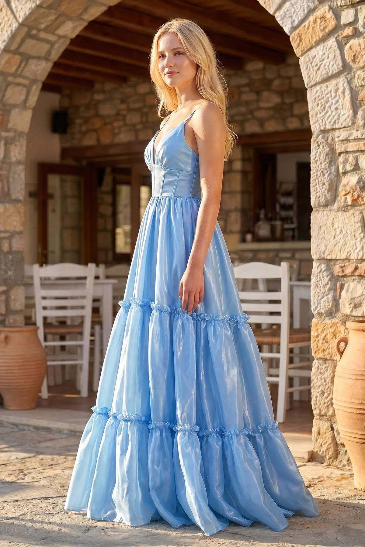 Charming A-Line V-Neck Sleeveless Corset Tiered Blue Long Prom Dresses Women
