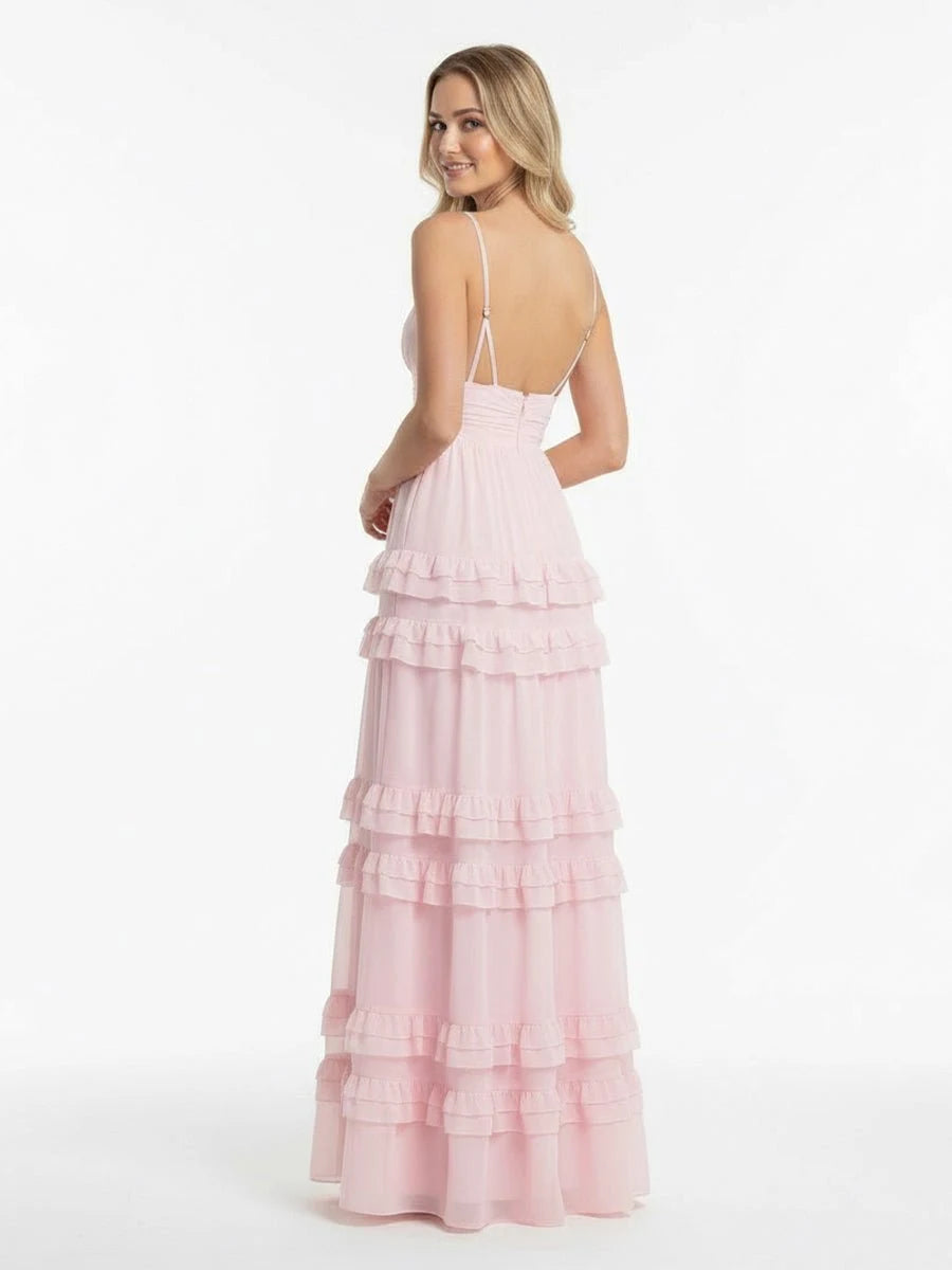 Charming A-Line V-Neck Sleeveless Tiered Ruffle Pink Maxi Prom Dresses Women
