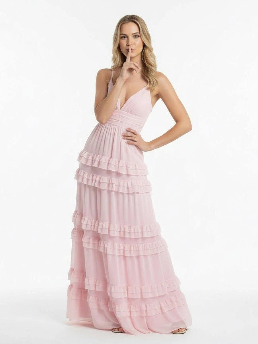 Charming A-Line V-Neck Sleeveless Tiered Ruffle Pink Maxi Prom Dresses Women