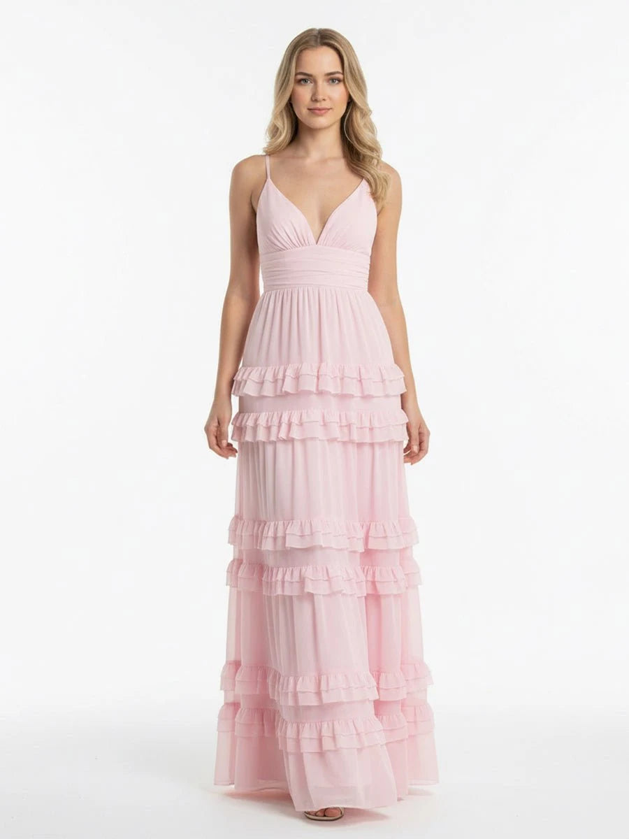 Charming A-Line V-Neck Sleeveless Tiered Ruffle Pink Maxi Prom Dresses Women