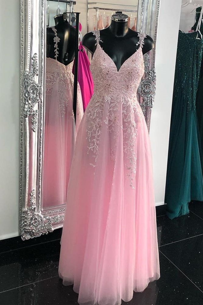A-line Tulle Prom Dresses Long Evening Dress with Appliques