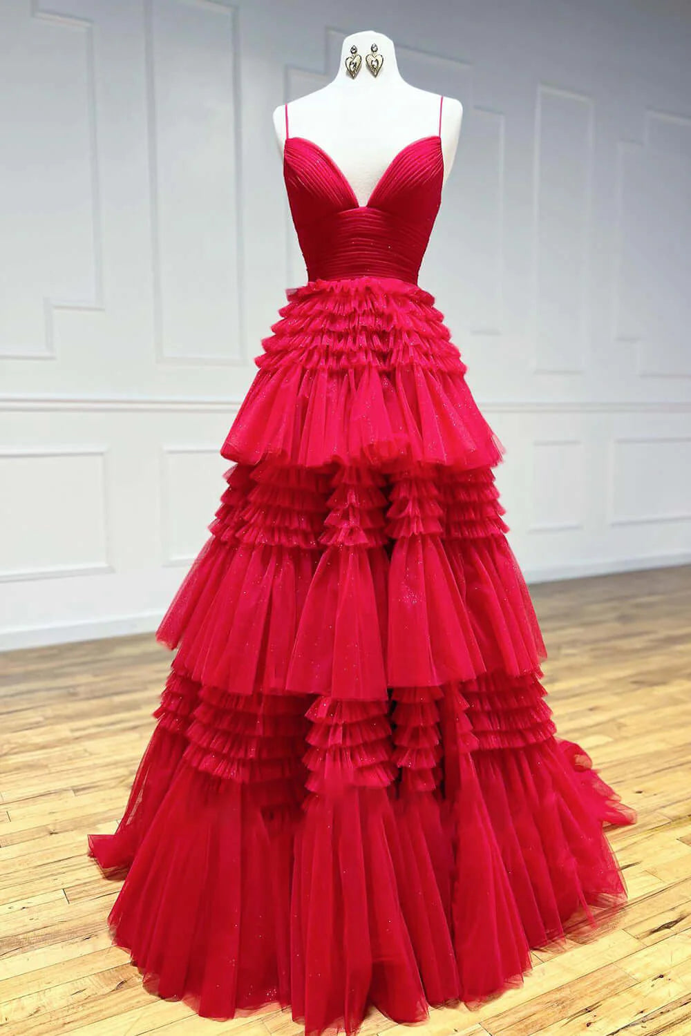 A-line Sequin Tulle V Neck Ruffles Long Formal Prom Dresses Dresses
