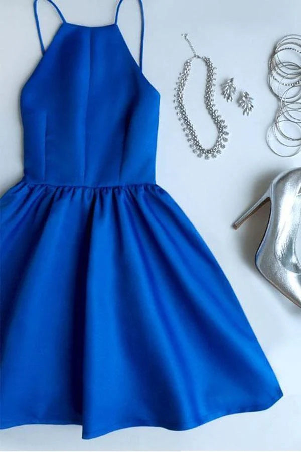 Royal blue A-line backless short homecoming dress.