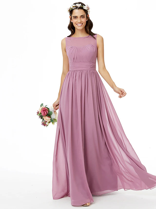 Full view of an A-Line chiffon bridesmaid dress with a jewel neck and open back.