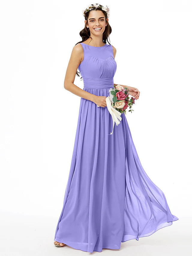 Back view of the A-Line chiffon bridesmaid dress, highlighting the open back design.