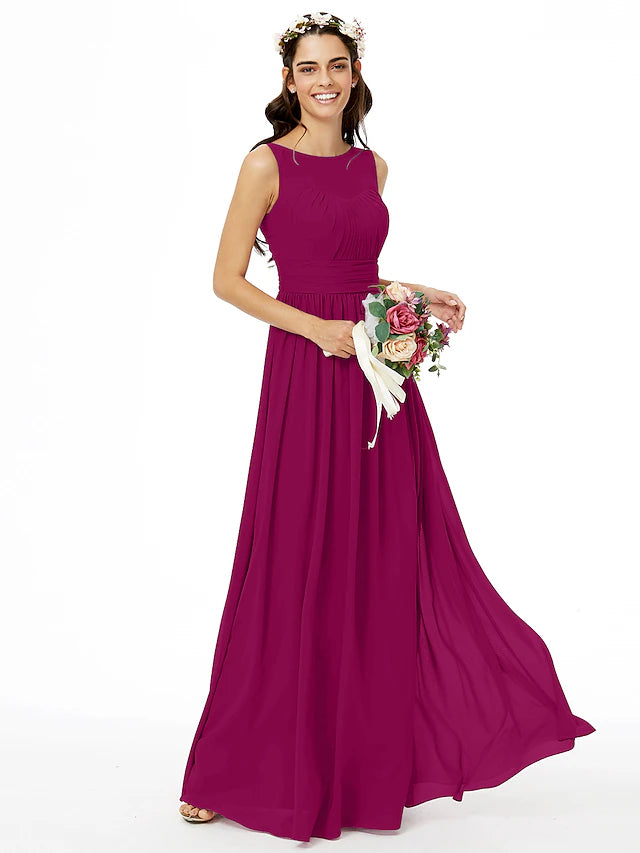 Close-up of the jewel neckline and ruched bodice details on the chiffon dress.