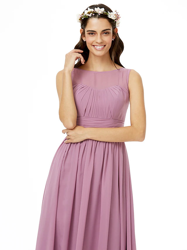 Elegant A-Line chiffon dress with a jewel neck, suitable for formal occasions.