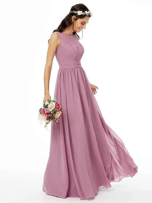 Front view of the sleeveless A-Line chiffon dress, showcasing its silhouette.