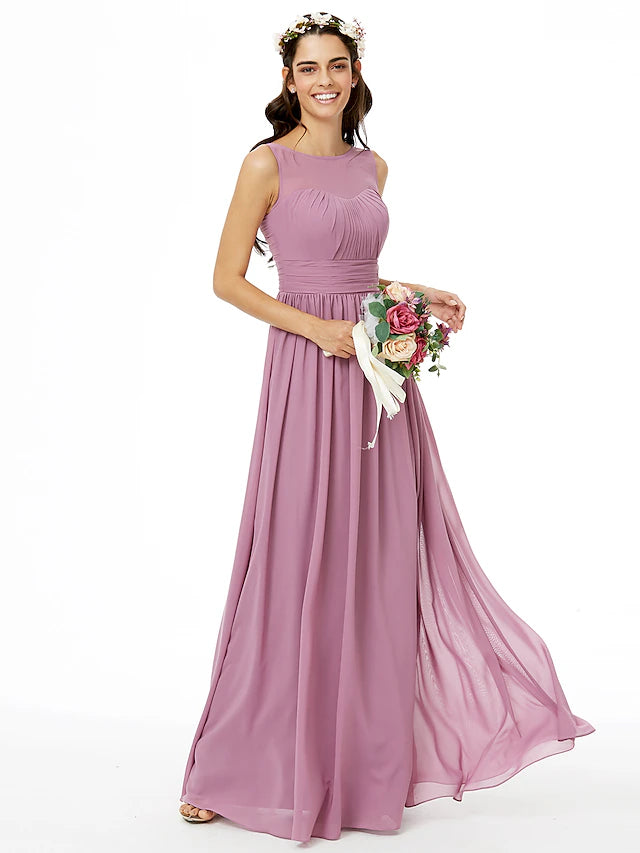 Back view of the A-Line chiffon dress, showing the open back and floor-length skirt.