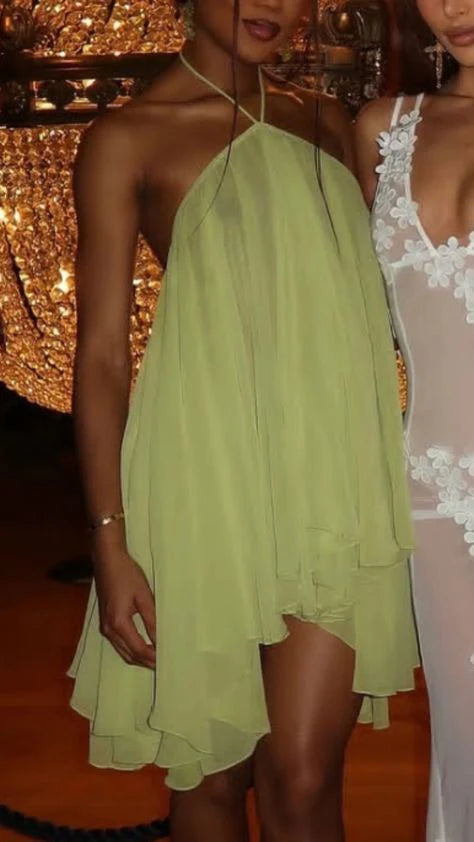 Chic A-line halter mini dress for formal occasions.