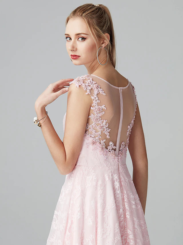 Full view of the A-line floral lace dress from a different angle, emphasizing its design.