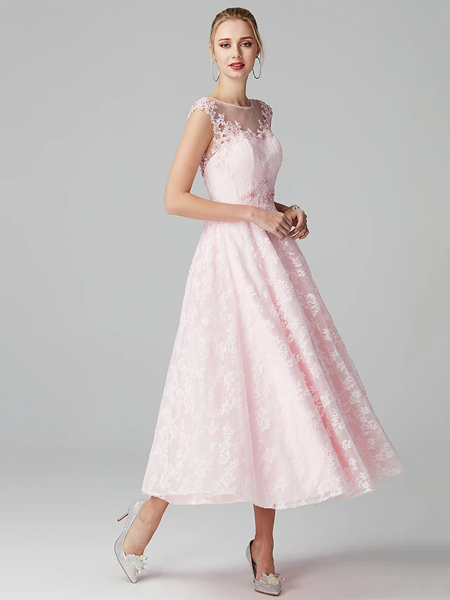 Close-up of the bodice and short sleeve detail of the A-line floral lace dress.