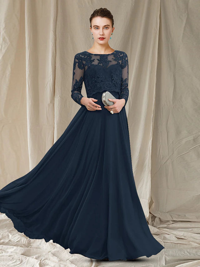 Elegant A-Line Mother of the Bride dress with jewel neck and long chiffon lace sleeves.