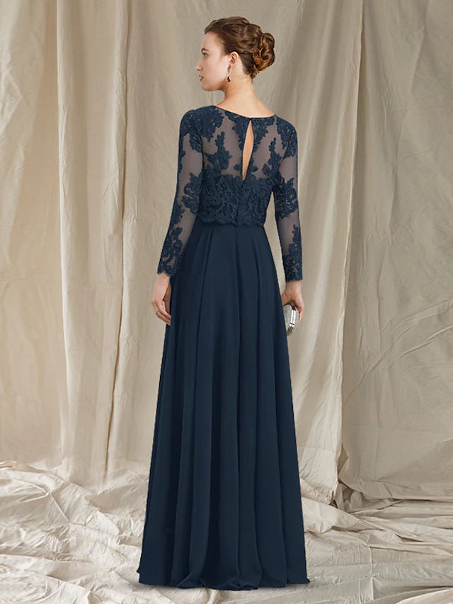 Floor-length A-Line gown featuring delicate lace appliques and a flowing chiffon skirt.