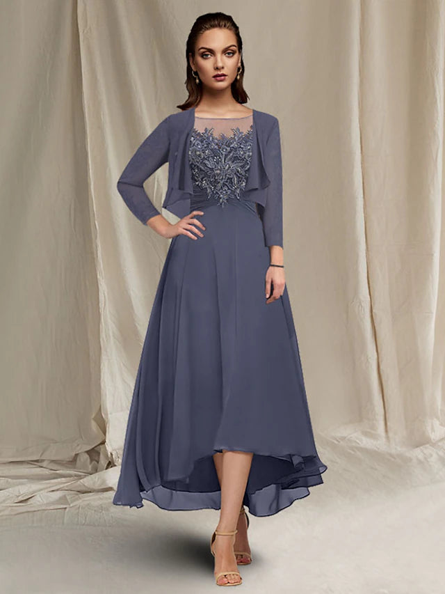 Woman wearing an elegant A-line mother of the bride gown with a jewel neck and short sleeves.