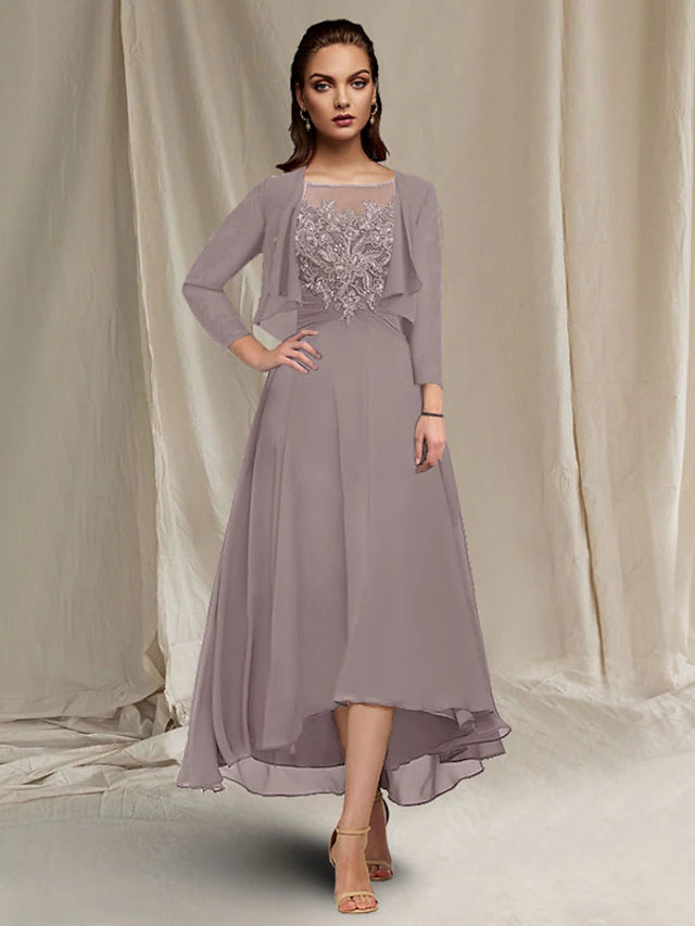 Side view of the A-line high-low tea length dress, showcasing the asymmetrical hem.