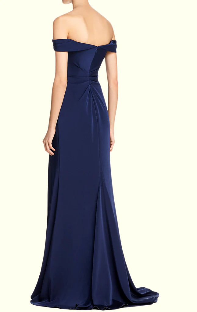 Side view of the off-shoulder A-line ankle-length prom dress.