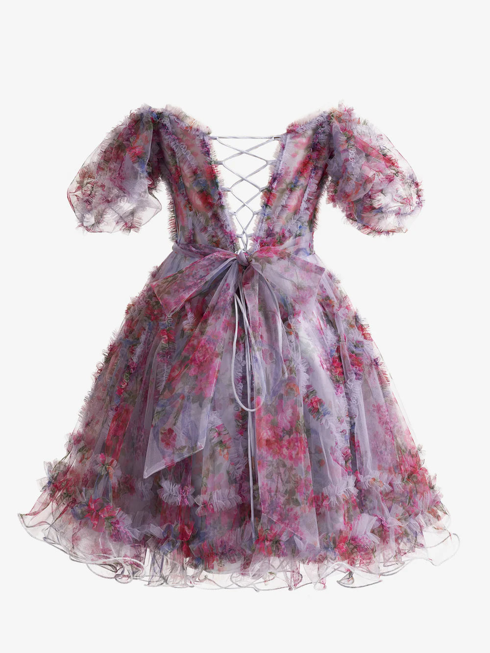 Back view of the A-line off-shoulder floral printed knee-length homecoming dress.