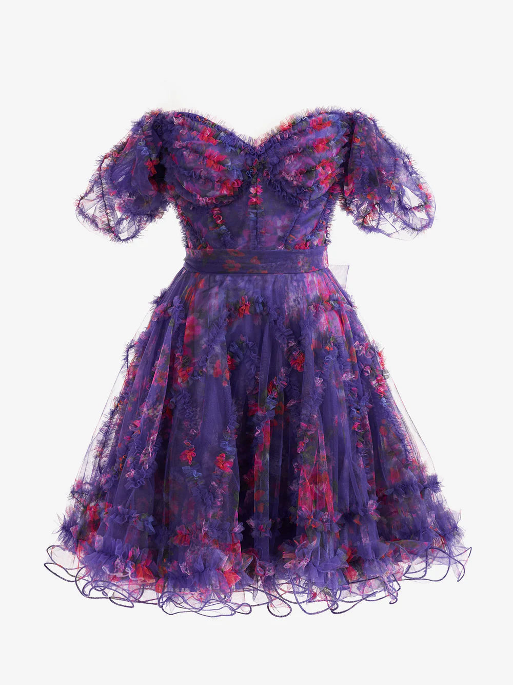 Model wearing a floral printed A-line off-shoulder mini homecoming dress.