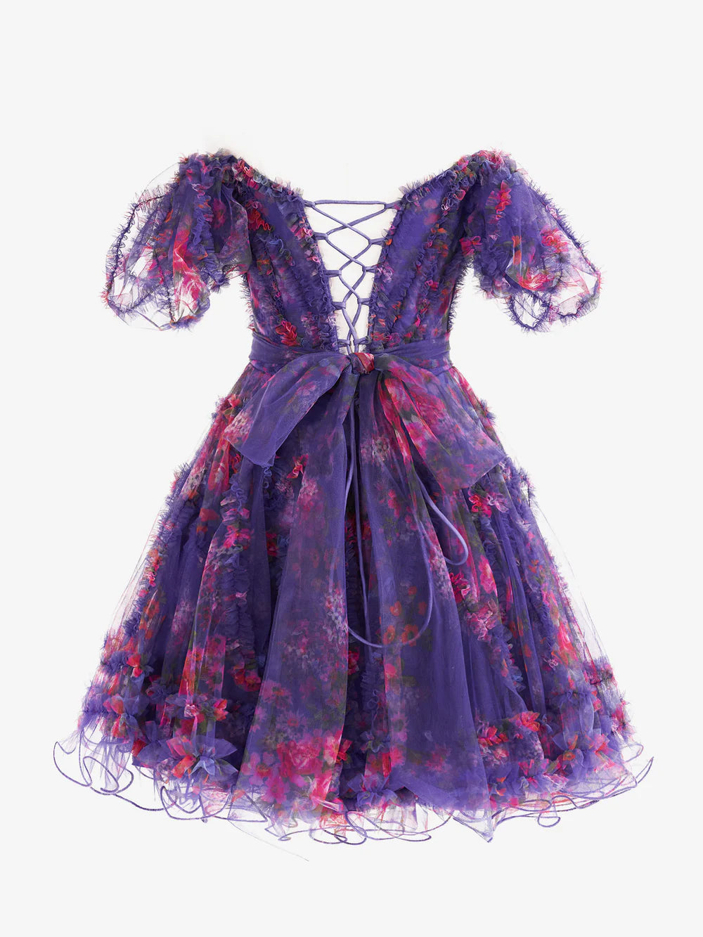 Back view of a floral printed A-line off-shoulder mini homecoming dress.