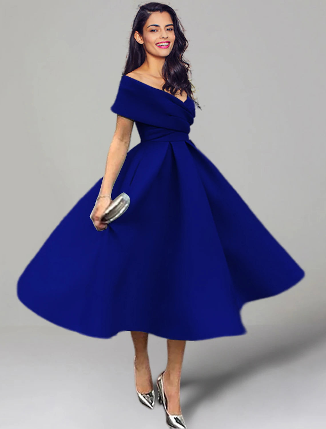 Elegant A-line off-shoulder tea length satin dress.