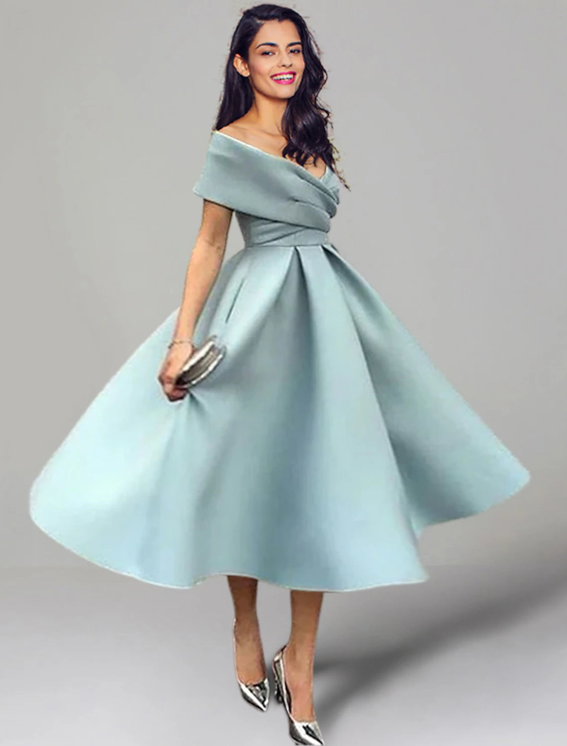 Side view of a ruched satin off-shoulder dress.